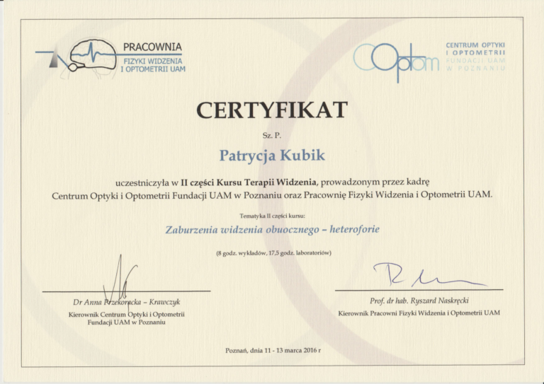 Certyfikat Kurs terapii Widzenia, Vision Therapy, Zaburzenia widzenia obuocznego - heterotrofie