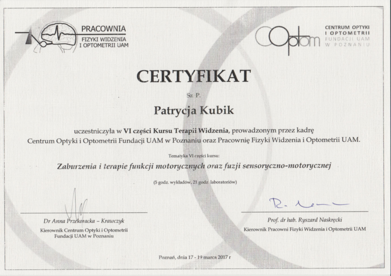 Certyfikat Kurs terapii Widzenia, Vision Therapy