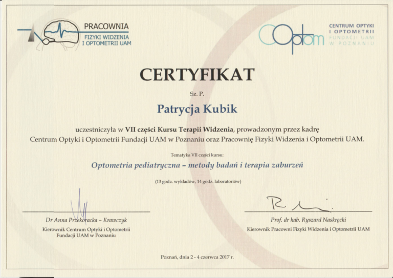 Certyfikat Kurs terapii Widzenia, Vision Therapy