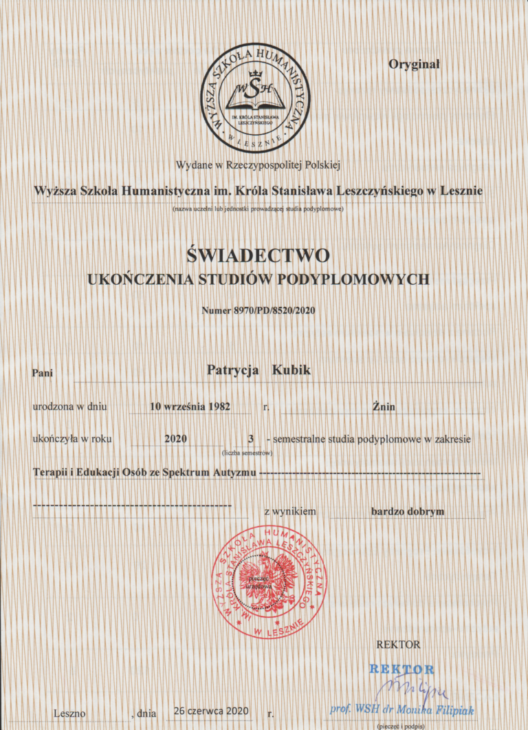 Świadectwo ukończenia studiów - Terapia i Edukacja Osób w spektrum autyzmu