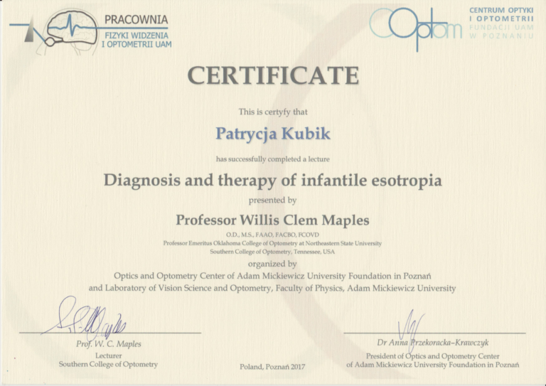 Certyfikat - Diagnosis and therapy of onfantile esotropia
