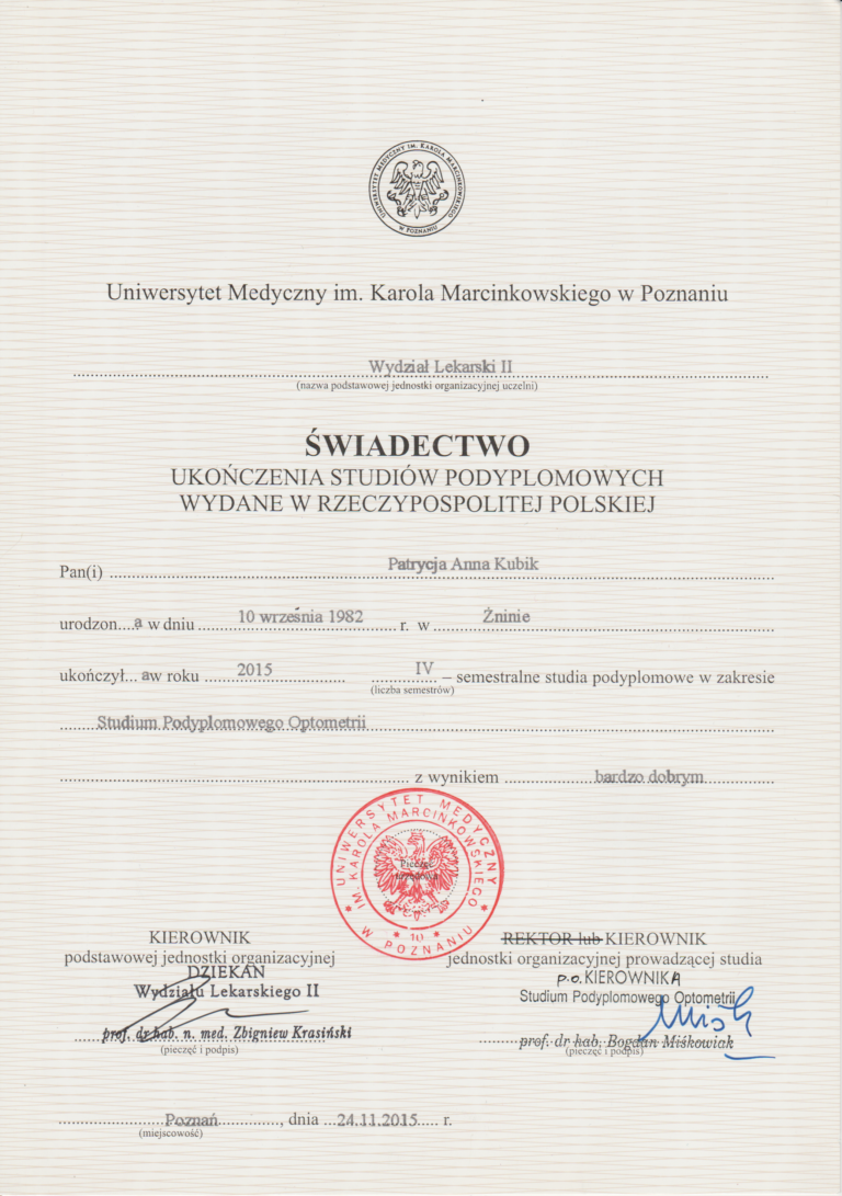Świadectwo Ukończenia Studiów - Optometria