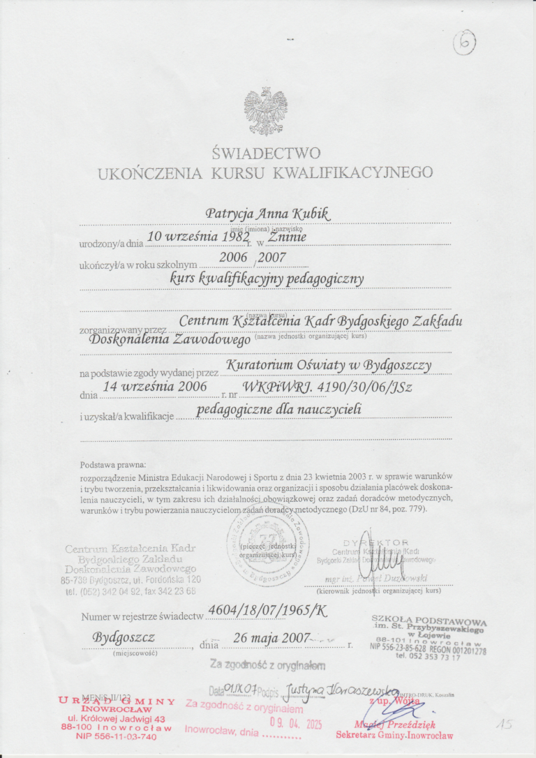 Świadectwo ukończenia kursu pedagogiczengo