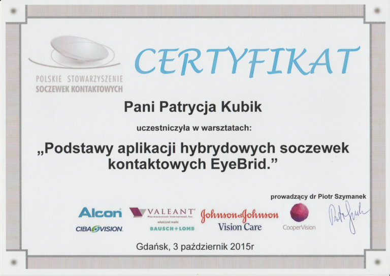 Certyfikat Warsztaty - Aplikacja hybrydowych soczewek kontaktowych EyeBrid