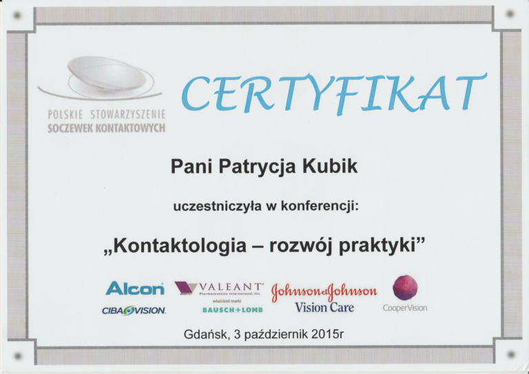 Certyfikat Konferencja Kontaktologia - rozwój Praktyki"