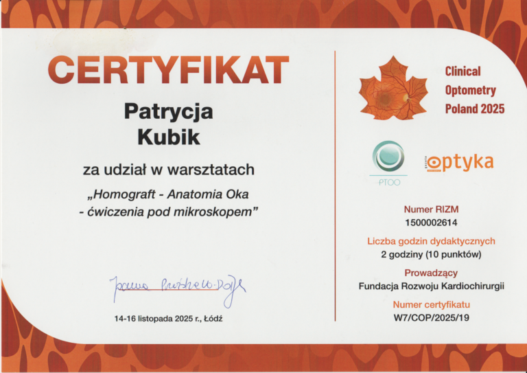 Certyfikat Warsztaty Anatomia Oka, Clinical Optometry Poland, Homograft - Anatomia Oka - ćwiczenia pod mikroskopem